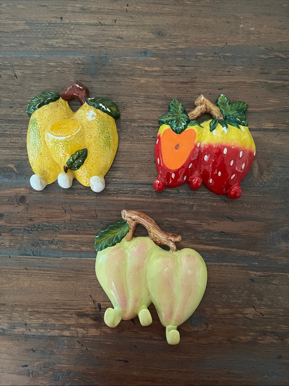 Set of Three Vintage Ceramic Fruit Wall Hooks - Lemon, Strawberry & Peach Tone